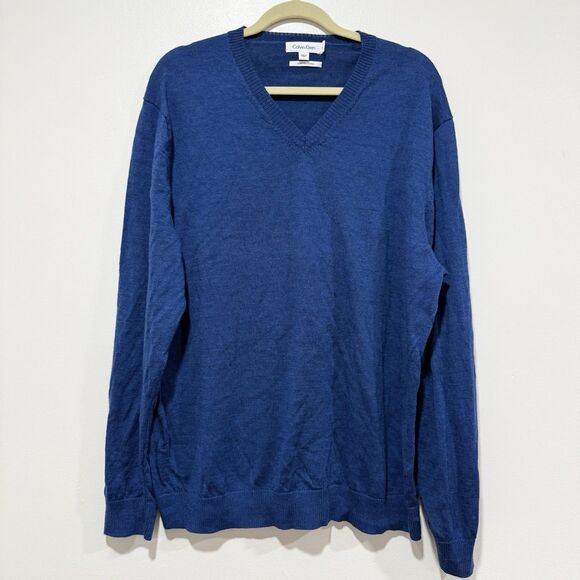 Calvin Klein Extra Fine Merino Wool V Neck Men's Size XXL Sweater Blue Pullover - Picture 1 of 6